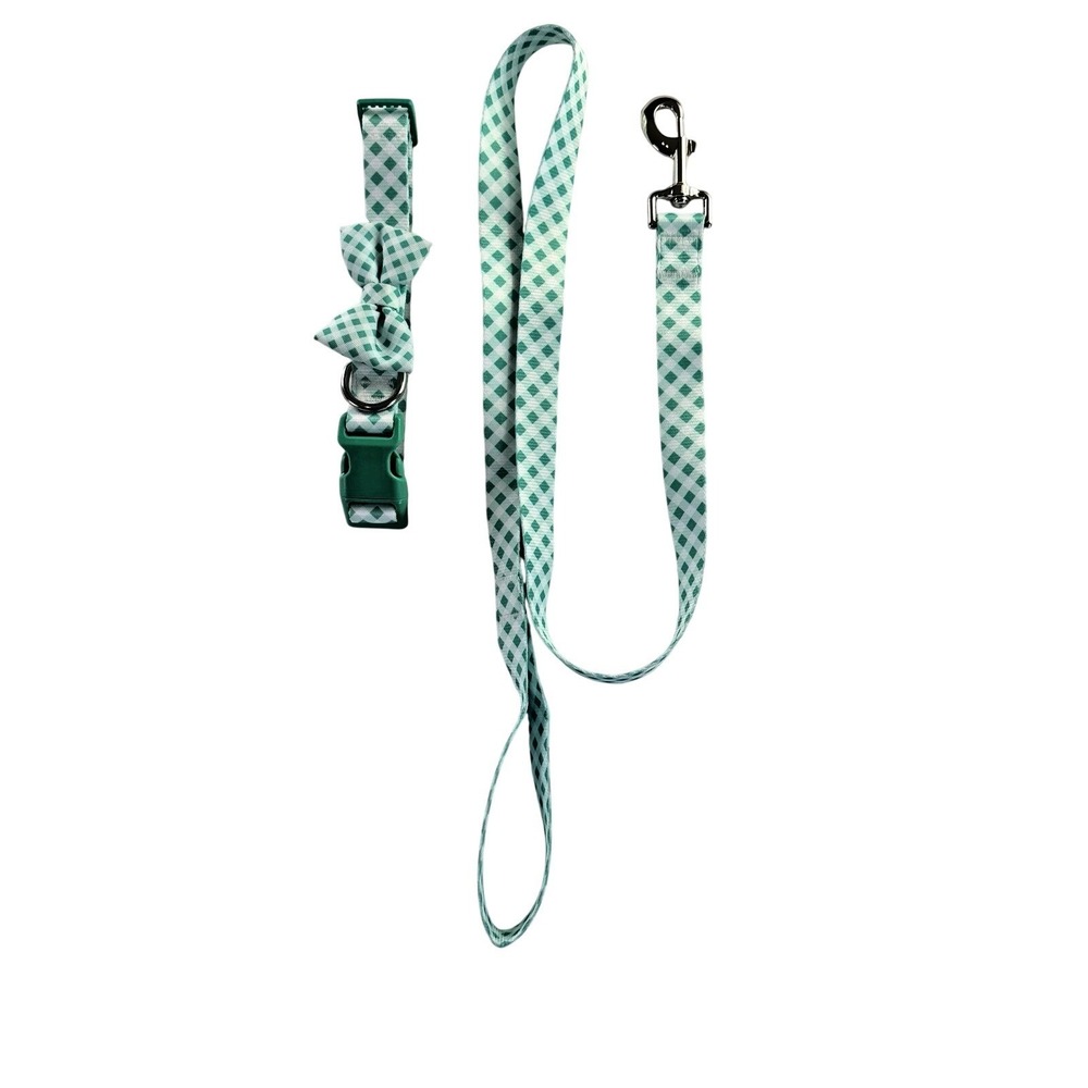 NWOT Dog Collar And Leash Green White Check With Bowtie Large